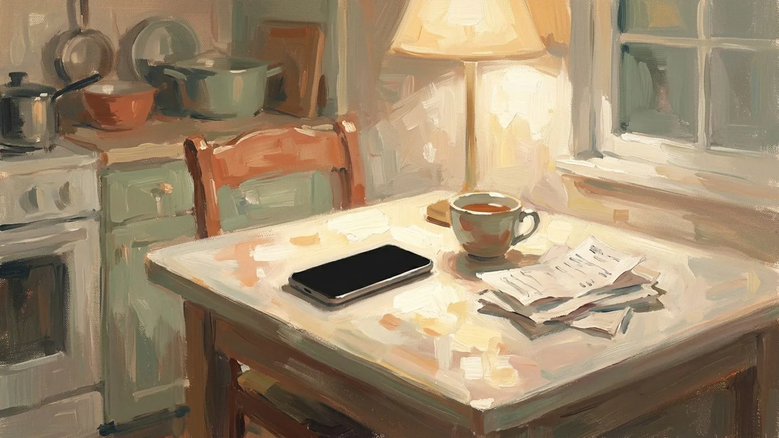 Une table de cuisine le soir, un téléphone posé face contre la table à côté d'une tasse de thé et de bons de commande.