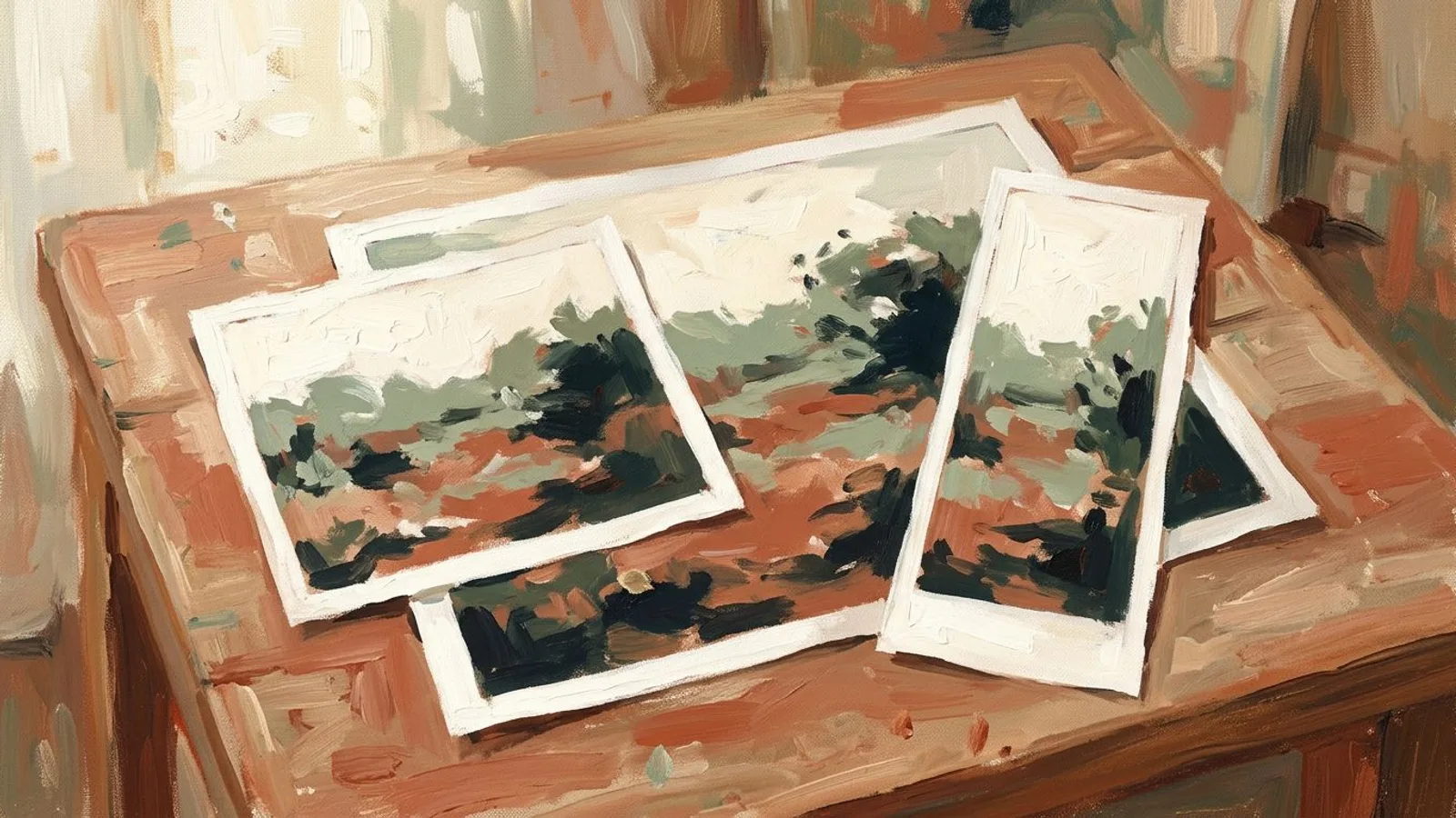 Une photo imprimée posée sur une table, recouverte de deux caches en papier de proportions différentes.