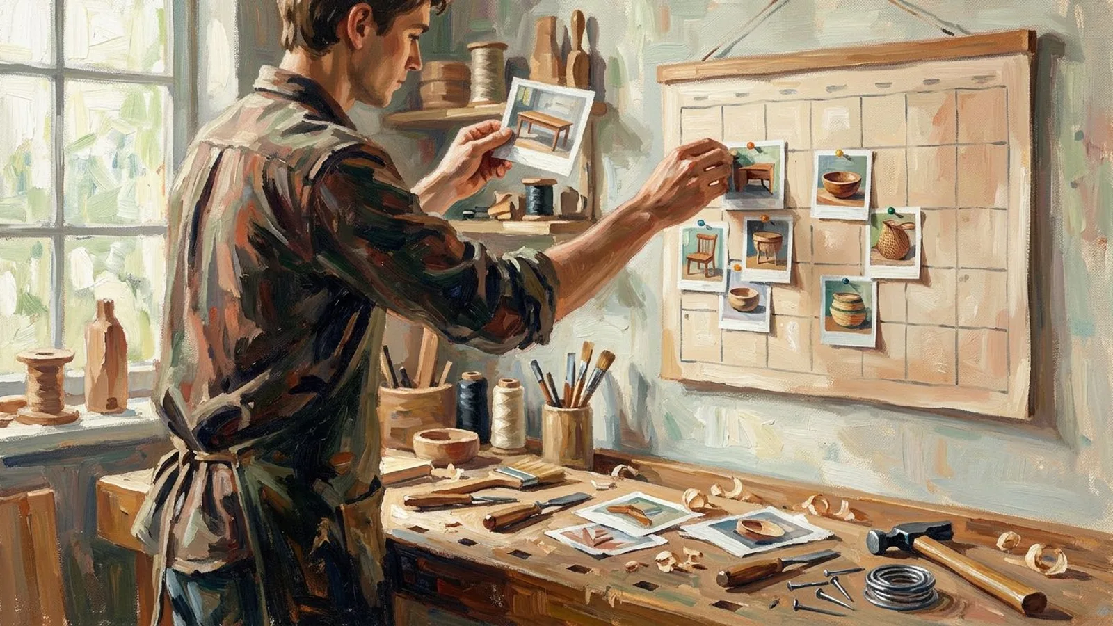 Un artisan épingle des photos de ses réalisations passées sur un calendrier mural, dans la lumière de son atelier.