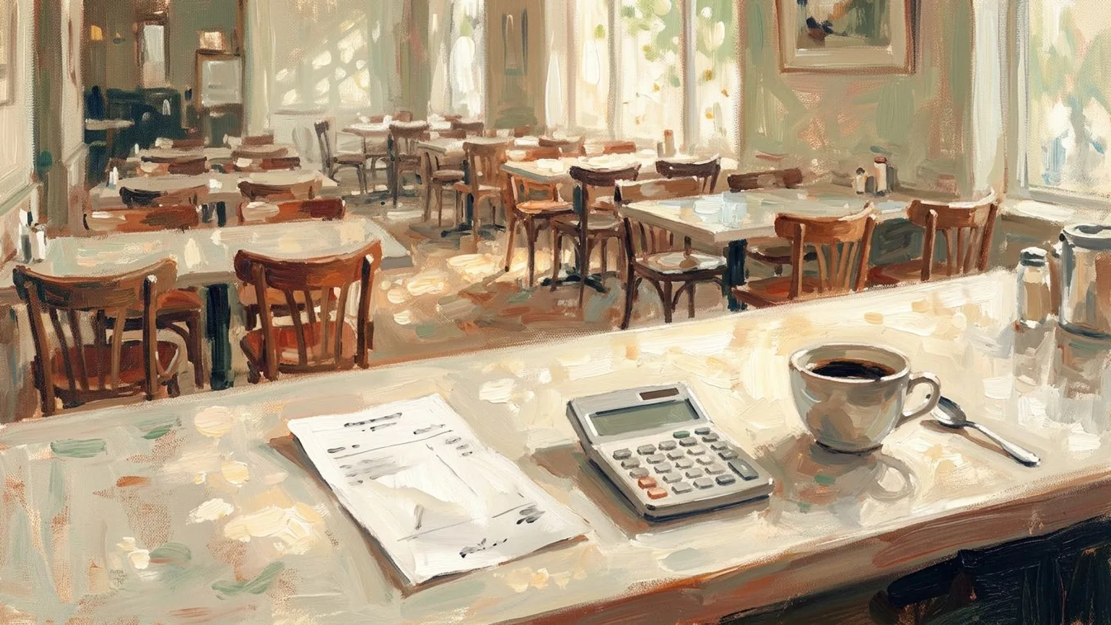 Au comptoir d'un restaurant vide, un devis imprimé posé à côté d'une calculatrice et d'une tasse de café.