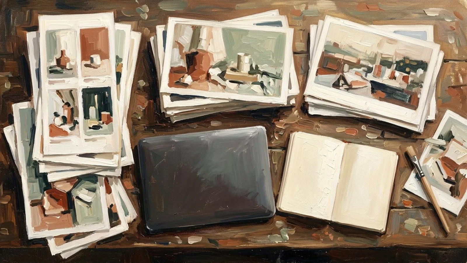 Sur un bureau vu du dessus, des photos de produits imprimées, triées en piles verticales et en piles plus larges, à côté d'un ordinateur fermé.