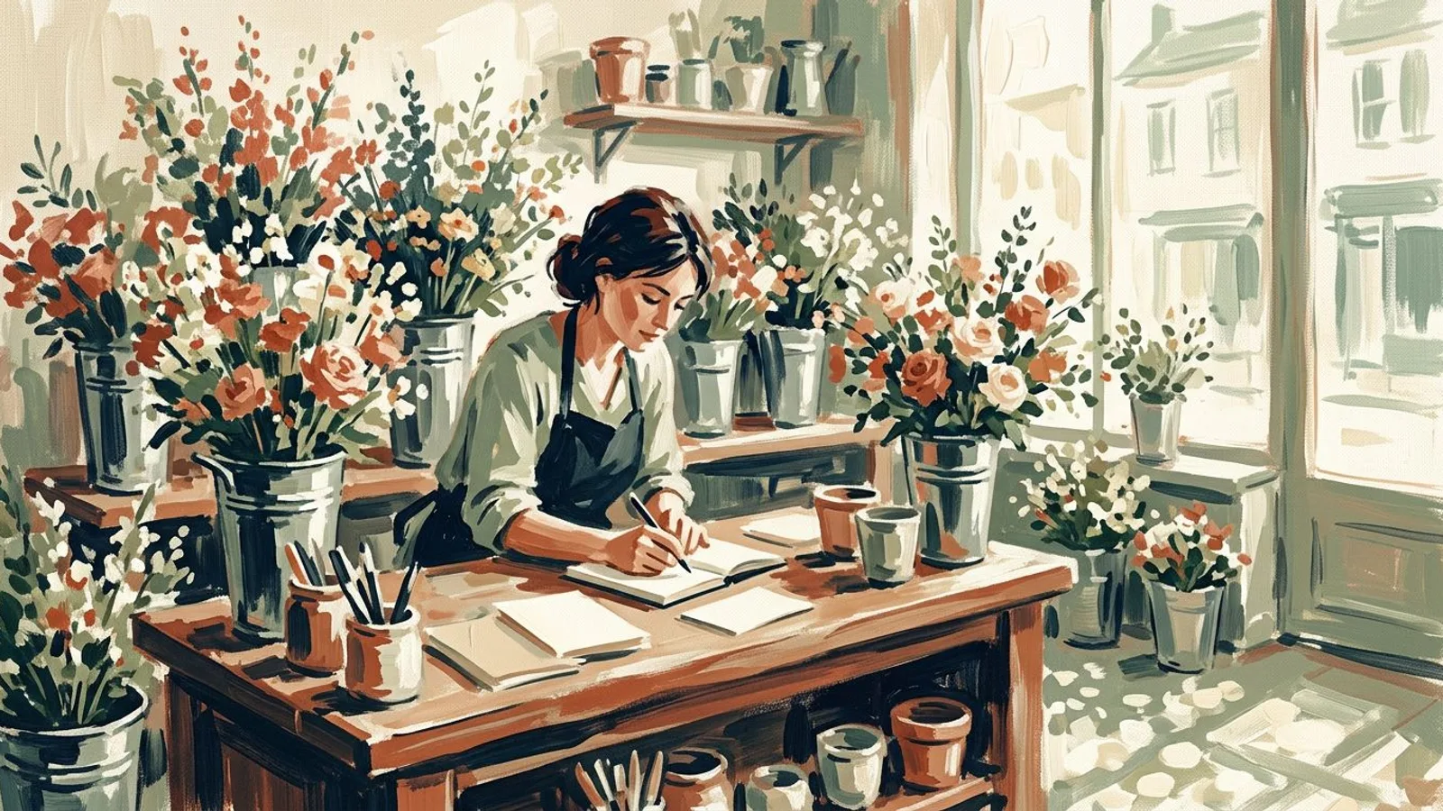Une fleuriste note les horaires et l'adresse de sa boutique dans un carnet, derrière son comptoir en bois, entre des seaux de fleurs.