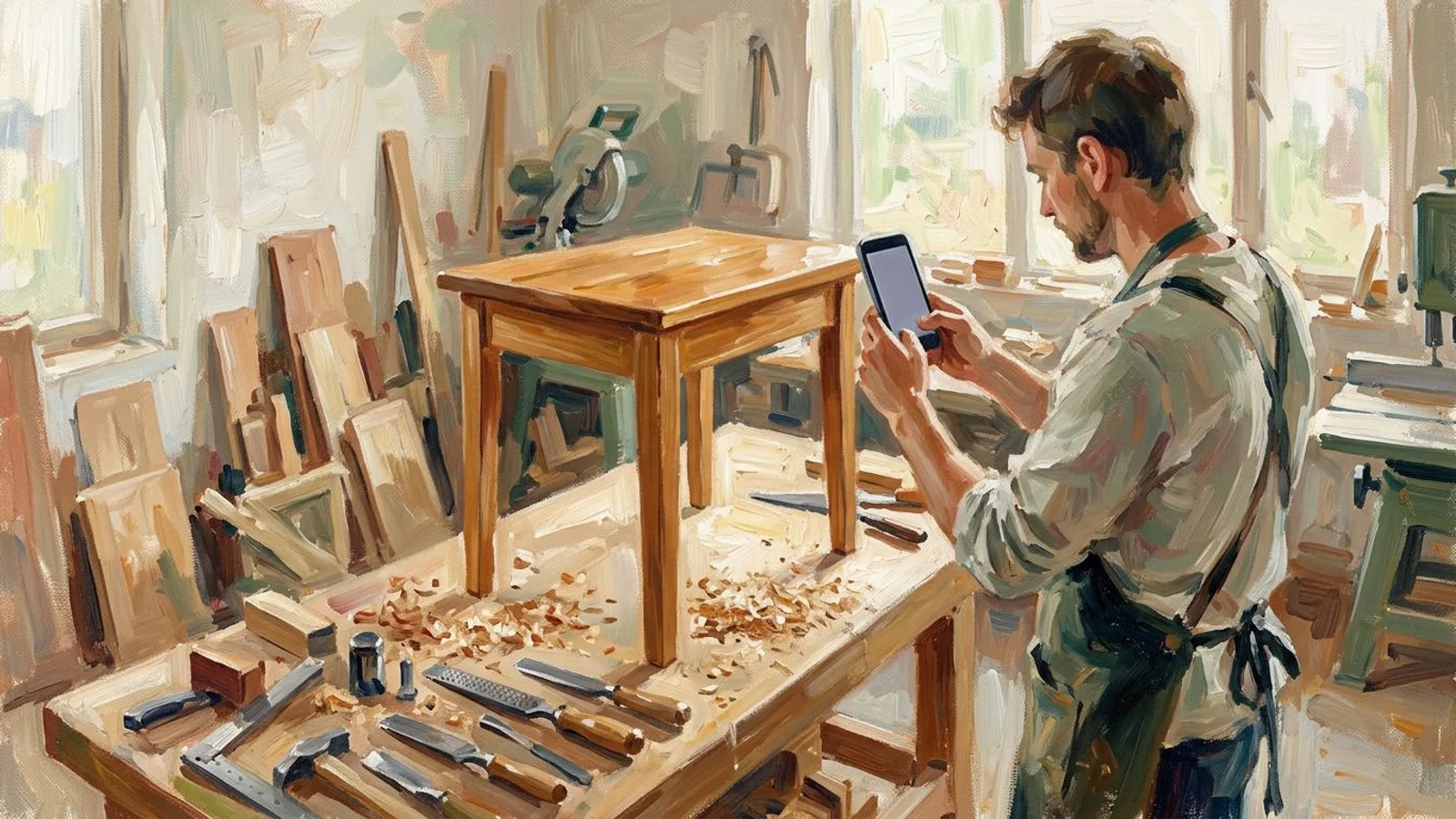 Un menuisier photographie à la verticale une table en chêne tout juste terminée, dans son atelier.