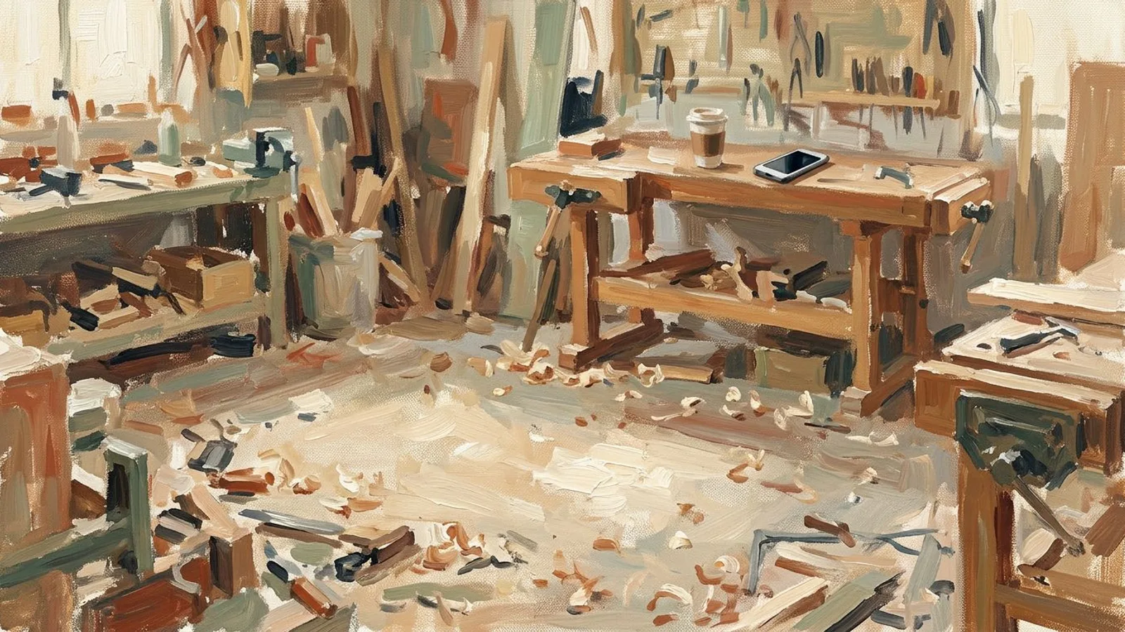 L'atelier le soir, la table déjà livrée, un téléphone posé face contre l'établi à côté d'une tasse.