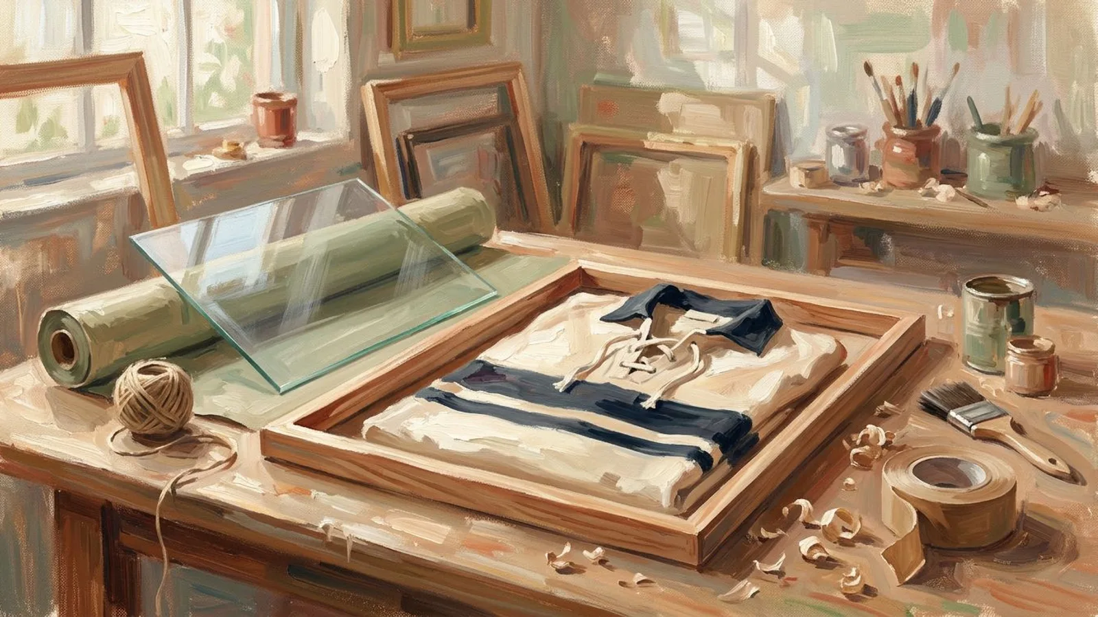 Sur l'établi d'une boutique d'encadrement, un maillot de rugby ancien posé à plat dans un cadre en bois, une plaque de verre à côté.