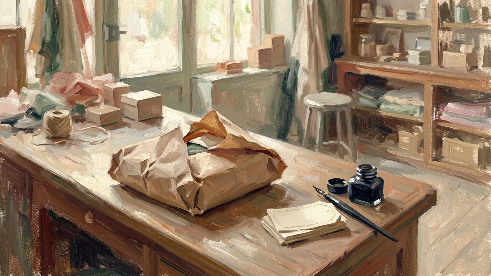 Un colis encore ouvert sur le comptoir d'une petite boutique, papier kraft replié, pile d'étiquettes à côté, dans la lumière du matin.