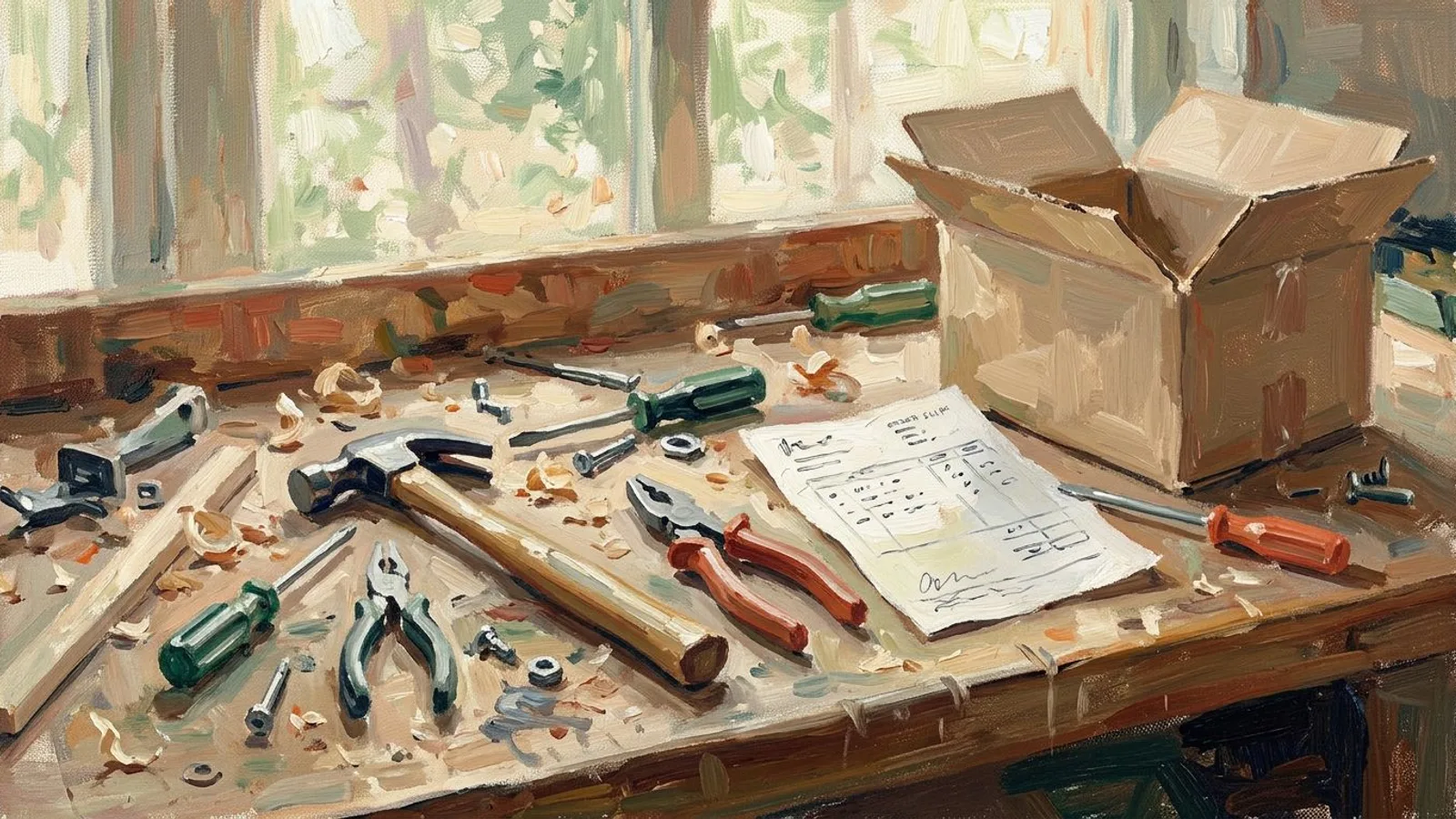 Un plan de travail photographié à sept heures, outils laissés en place, bon de commande à moitié rempli et carton ouvert à côté.