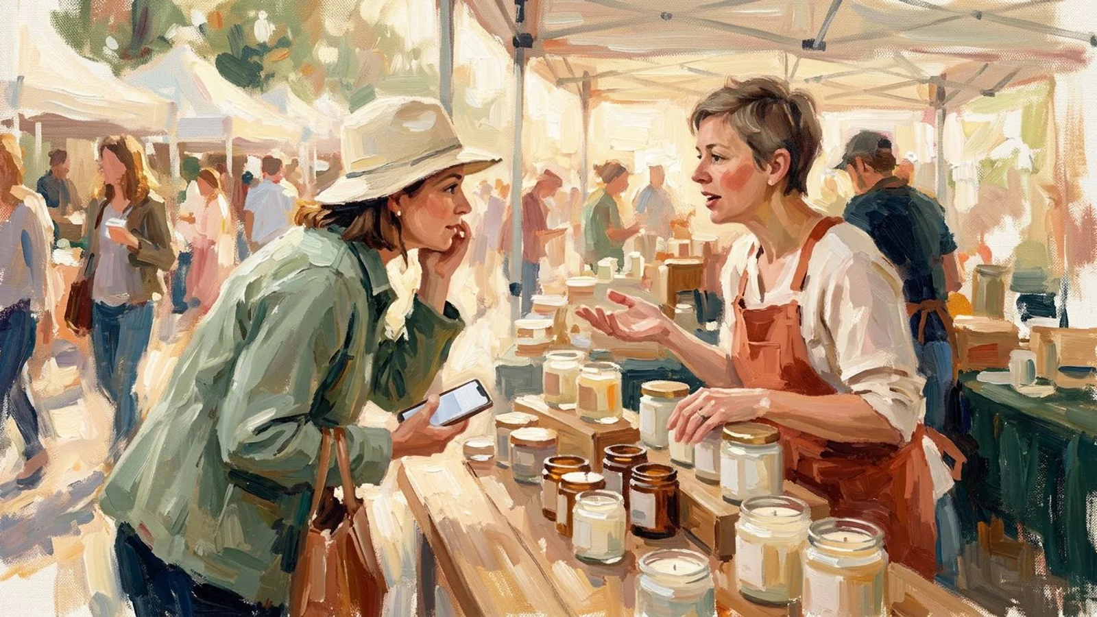 Au marché, une cliente se penche pour entendre le nom de la boutique de bougies, son téléphone à la main pour la chercher.