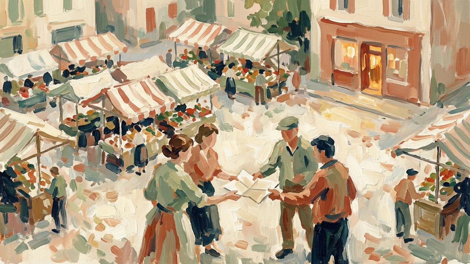 Une place de village vue d'en haut à l'heure dorée, des passants se transmettant une feuille pliée de main en main entre les étals du marché.