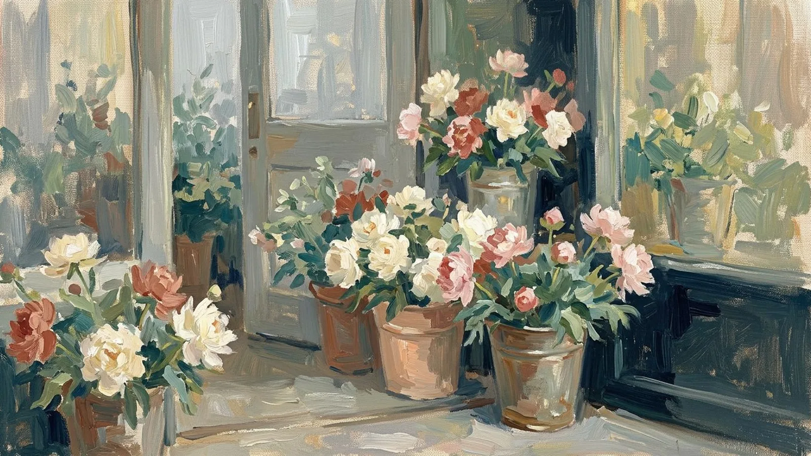 Des seaux de pivoines livrées au petit matin devant la porte d'une boutique de fleurs, dans une lumière encore basse.