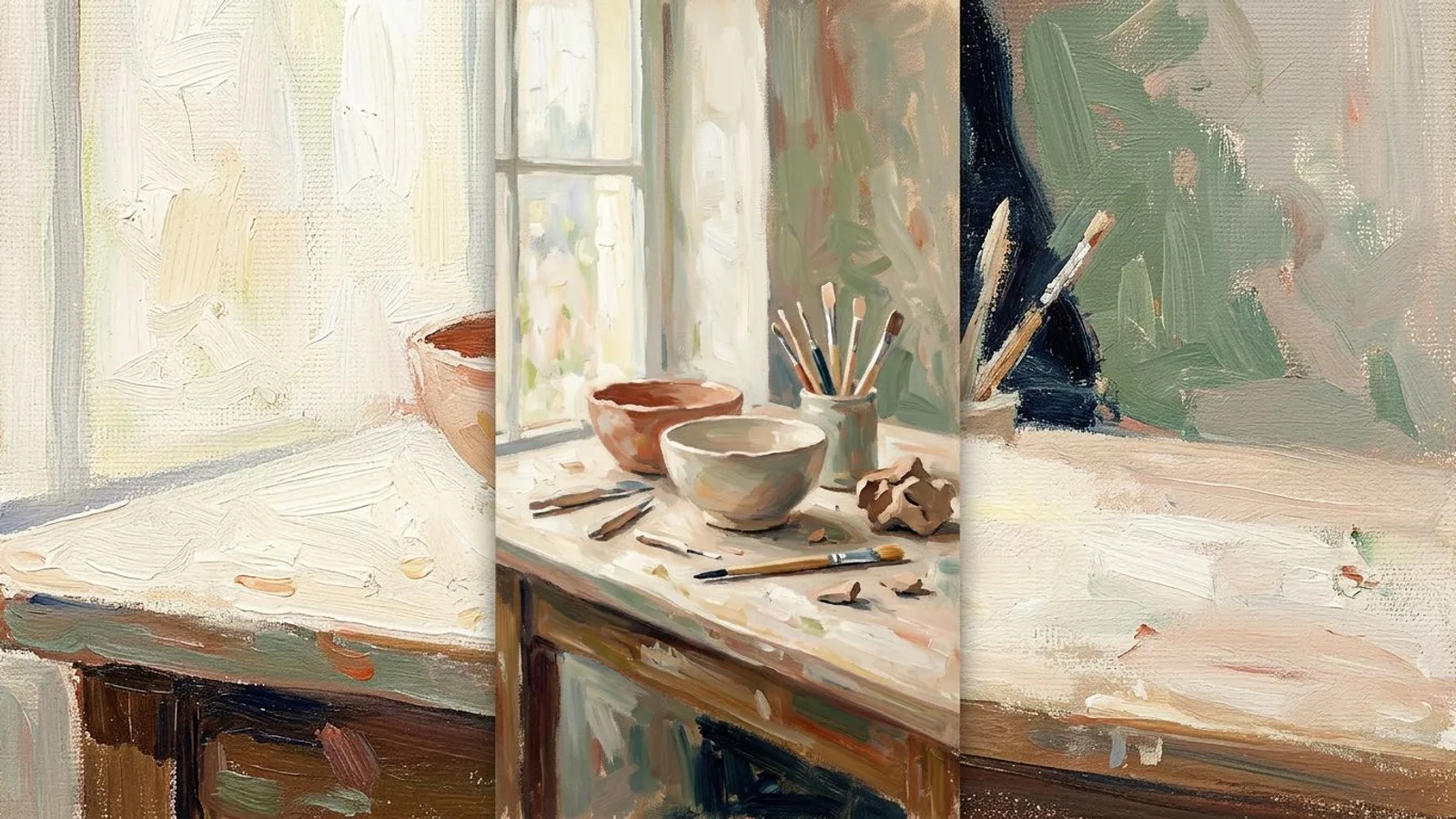 Table d'atelier de céramiste éclairée par une fenêtre, composition verticale étroite, outils et bol au centre, marges vides de chaque côté.
