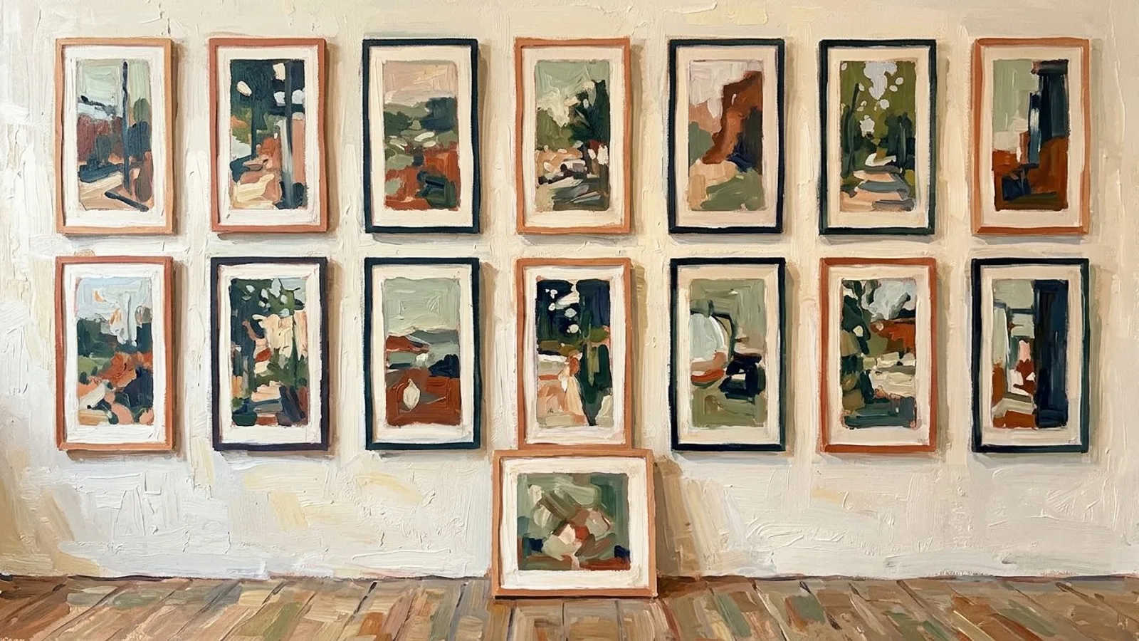 Mur d'une petite boutique où neuf photos verticales forment une grille régulière, une photo carrée posée au sol en dessous, visiblement d'une autre forme.