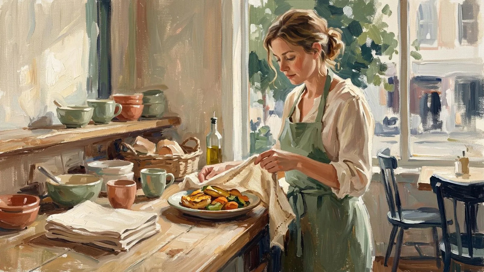 Une restauratrice couvre à moitié une assiette avec une serviette en lin, sur un comptoir en bois éclairé par la fenêtre.