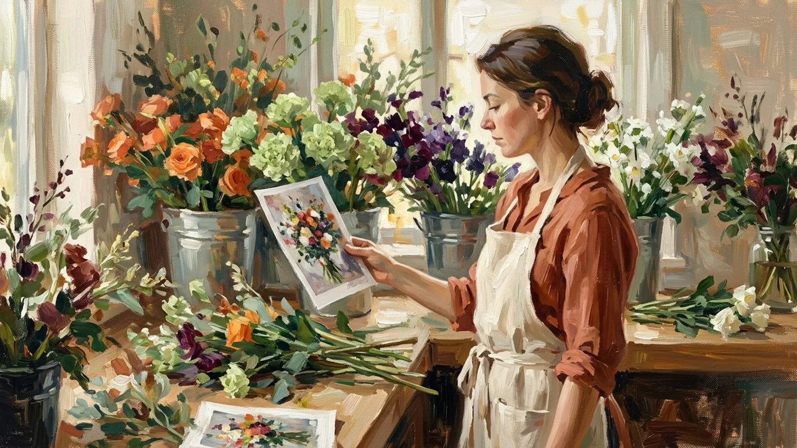 Une fleuriste tient une photo de bouquet à bout de bras pour en lire les détails, devant ses seaux de fleurs.