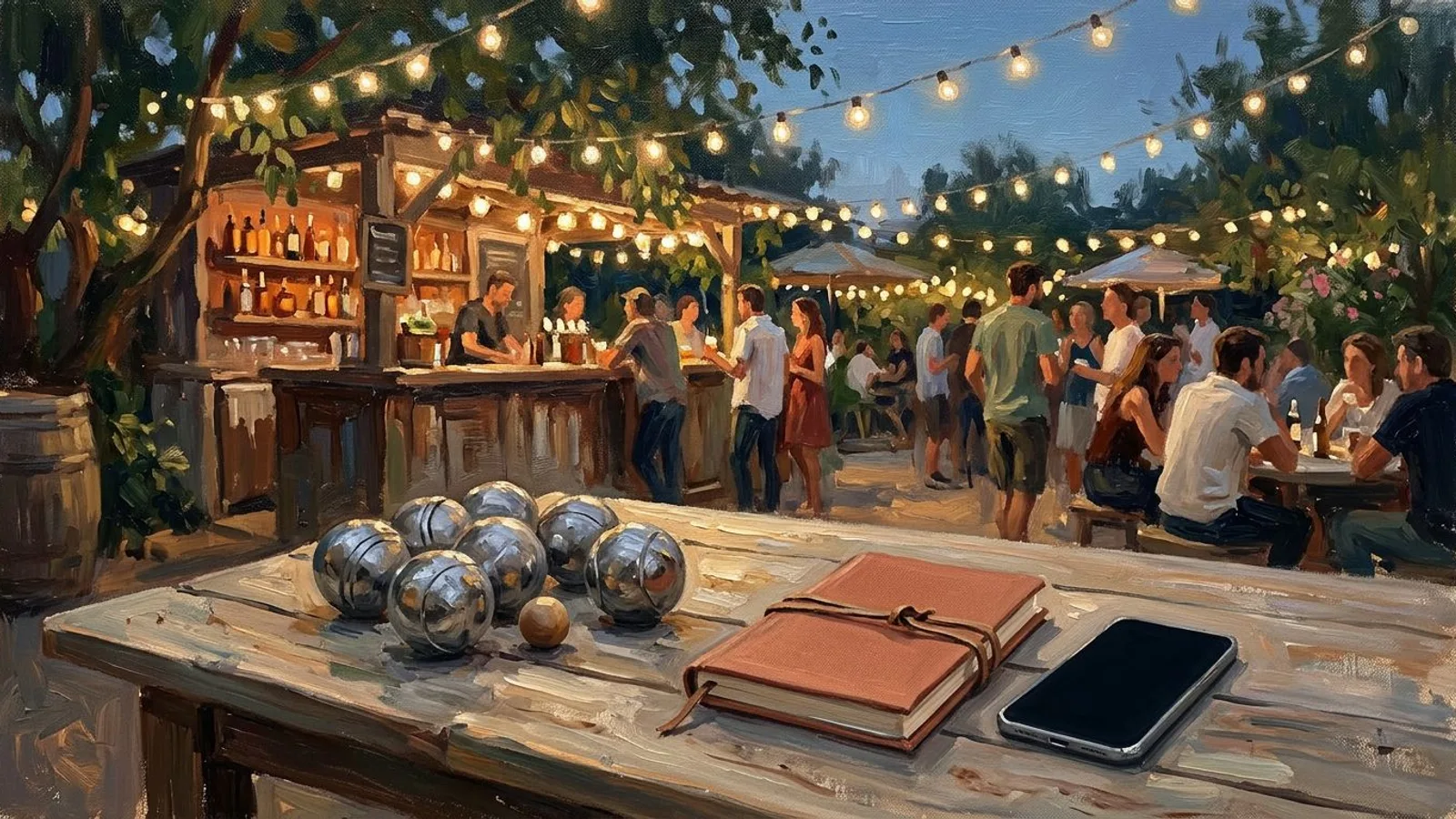 Une table en bois près d'un bar en plein air au crépuscule, un jeu de boules en acier et un cochonnet, un téléphone posé à côté d'un carnet fermé.