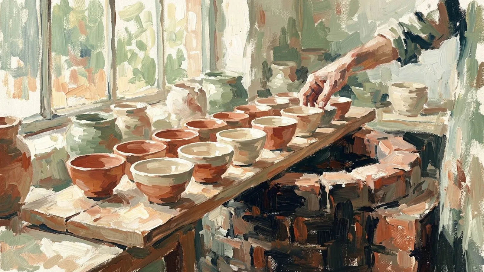 Douze bols en céramique fraîchement sortis du four, alignés sur une planche en bois près du four de l'atelier, lumière du matin.