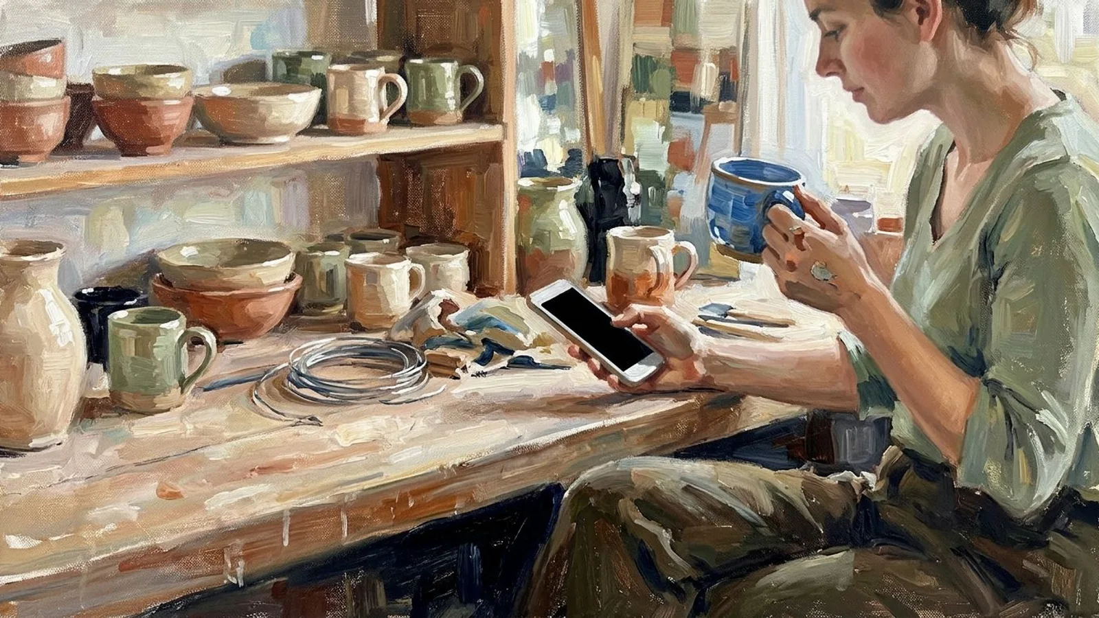 Au comptoir d'une boutique de céramique, une personne regarde tour à tour une tasse émaillée bleue et l'écran de son téléphone.