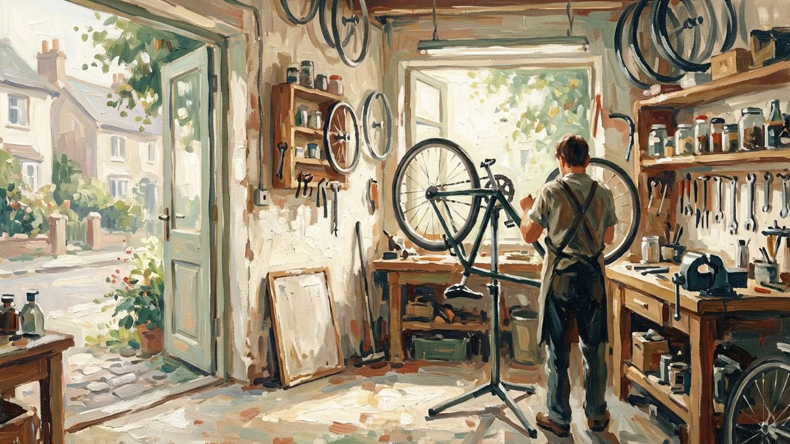 Un atelier de réparation de vélos tenu par une personne, un vélo retourné sur le pied, une ardoise de prix posée contre le mur.