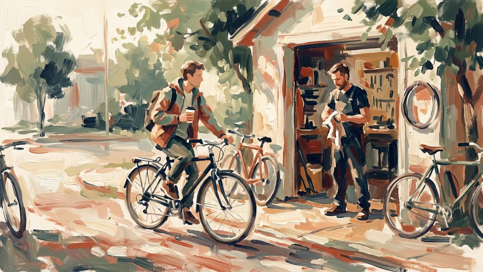 Une cliente devant l'atelier, sur son vélo réparé, une tasse de café à la main, le réparateur sur le pas de la porte.