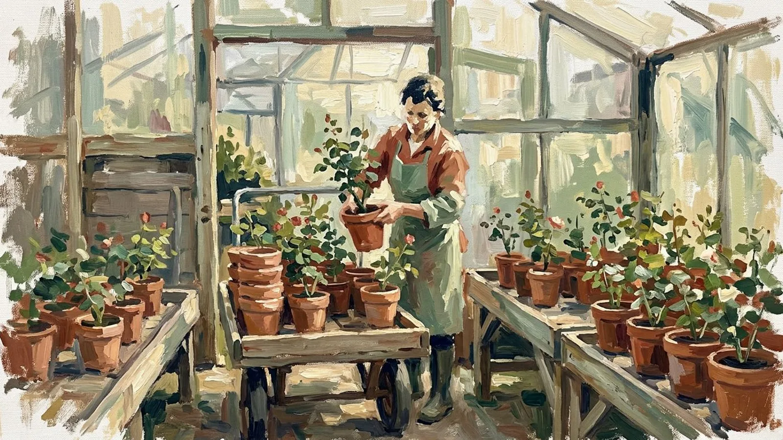 Une jardinière décharge une livraison de rosiers depuis un chariot en bois, dans la lumière du matin sous la serre.