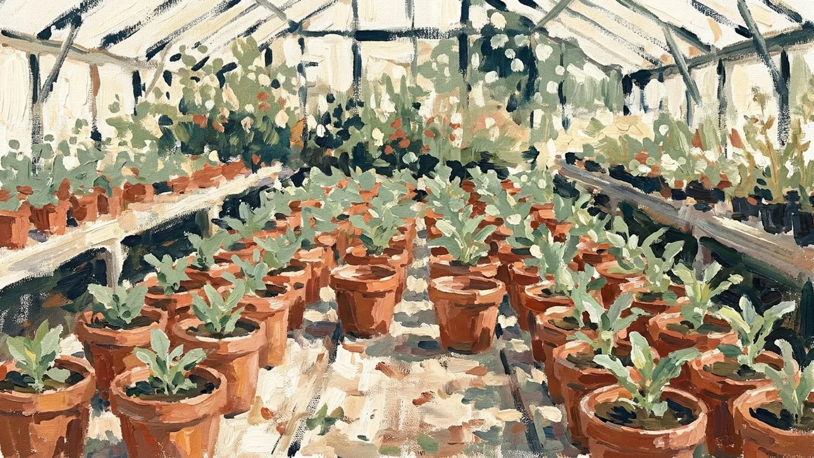 Une allée de serre bordée de jeunes plants en pots, avec deux emplacements laissés vides dans la rangée.