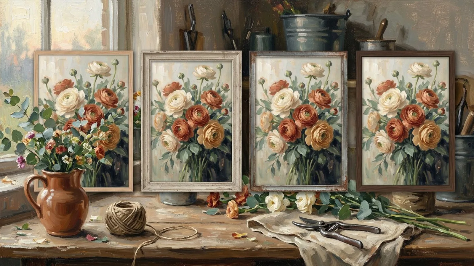 Quatre tirages portrait du même bouquet de renoncules alignés sur l'établi d'une fleuriste, chacun cadré un peu différemment.
