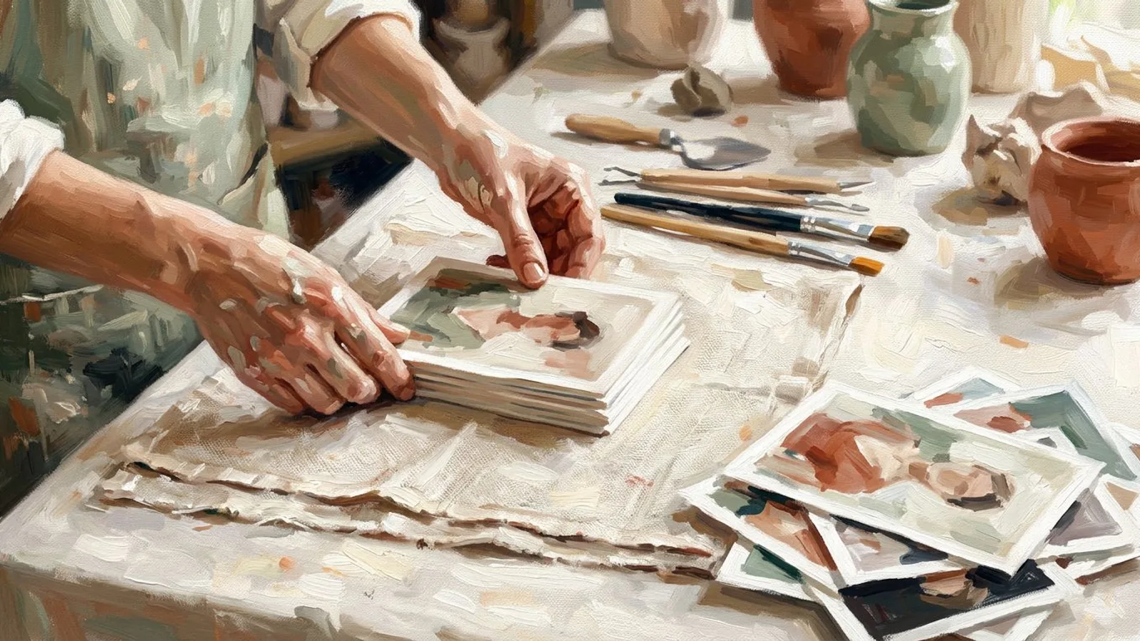 Les mains d'un potier qui égalisent une pile de petits tirages portrait sur un drap de lin, une seconde pile en désordre repoussée sur le bord.