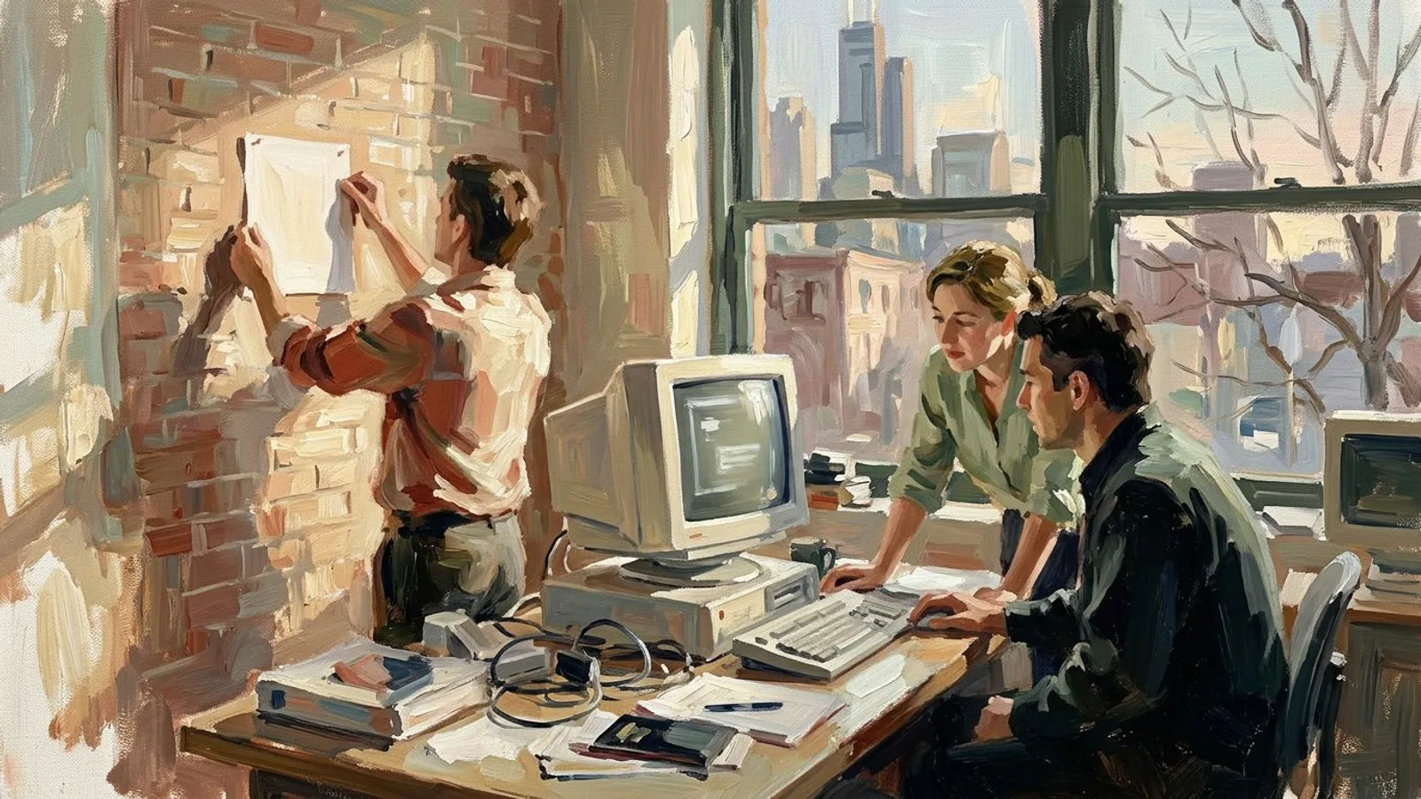 Trois personnes dans un petit studio de design web des années 1990, un écran cathodique et une feuille épinglée au mur de briques.