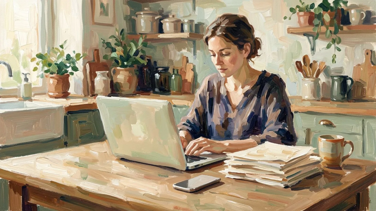 Un freelance qui travaille sur son ordinateur portable à une table de cuisine, des contrats imprimés à côté, lumière du matin.