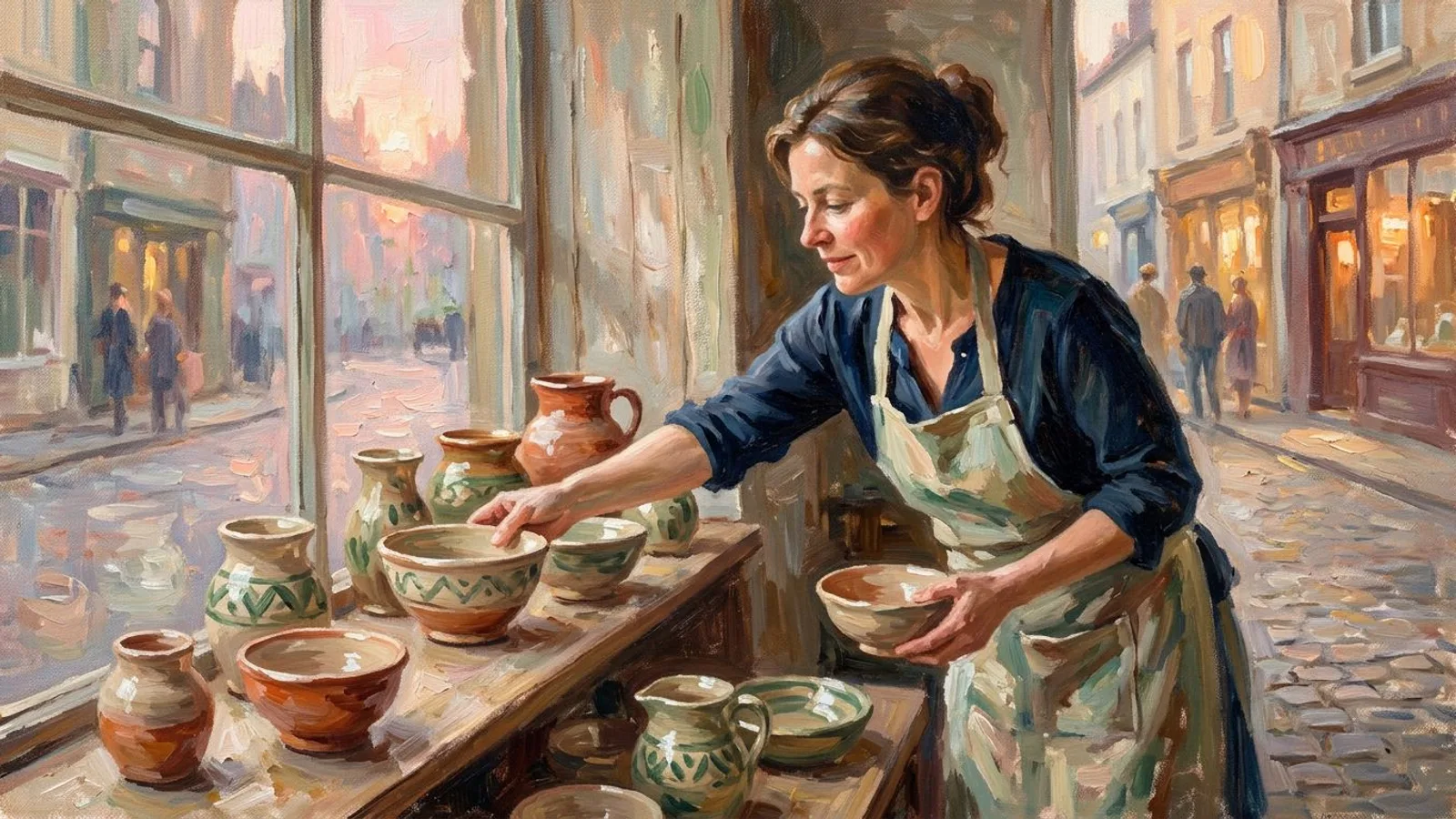 Le même artisan installant le produit fini en vitrine au lever du soleil.