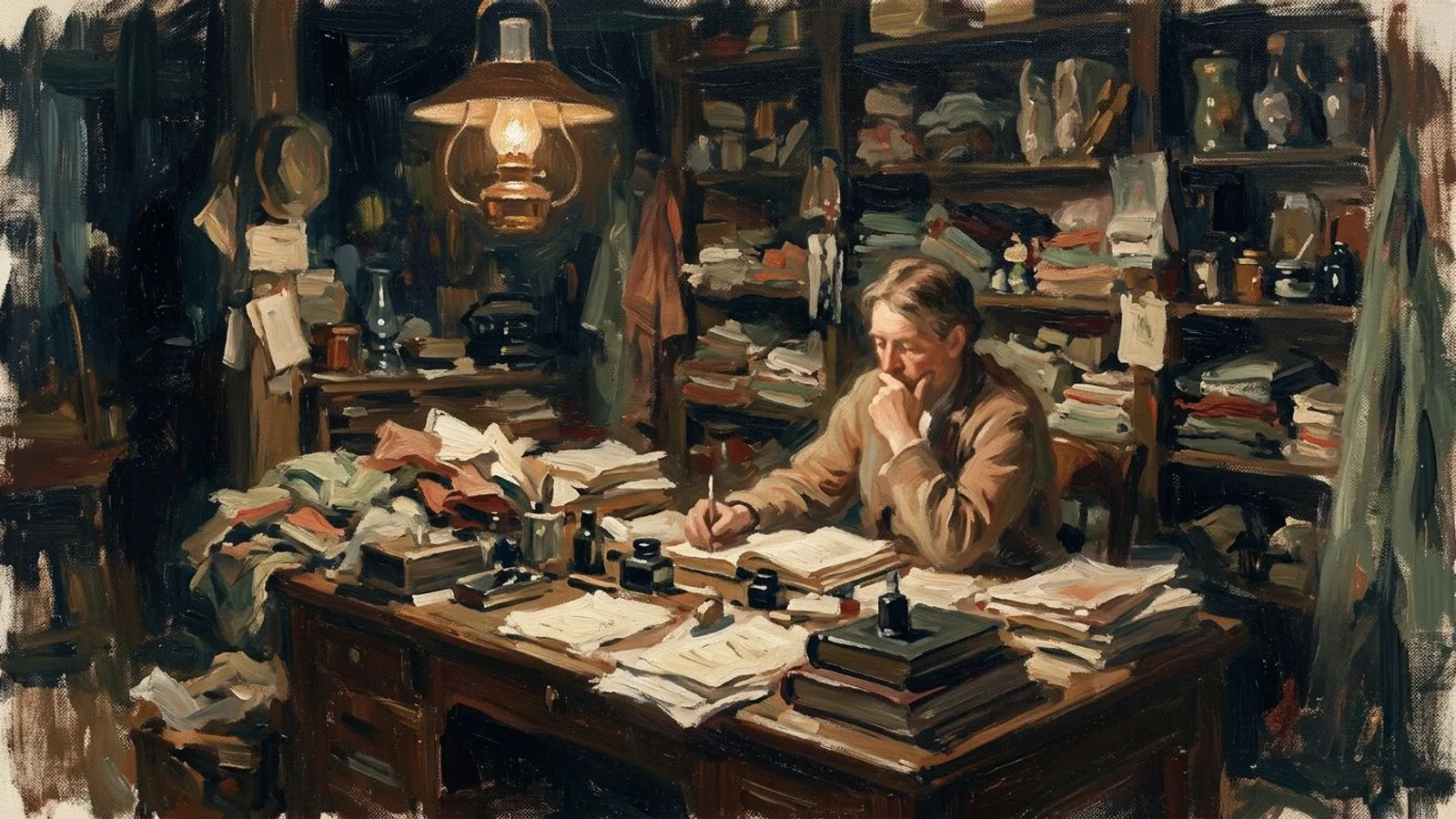 A shopkeeper surrounded by scattered notes at a desk, deep in thought late in the evening.