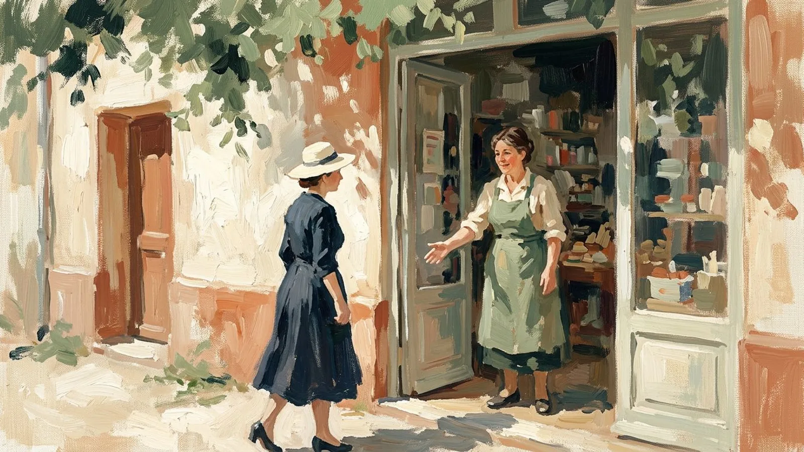 The same shopkeeper warmly greeting a customer at the shop's open doorway at midday.