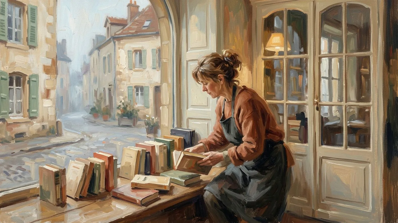 A bookshop owner arranging a window display early in the morning before opening.