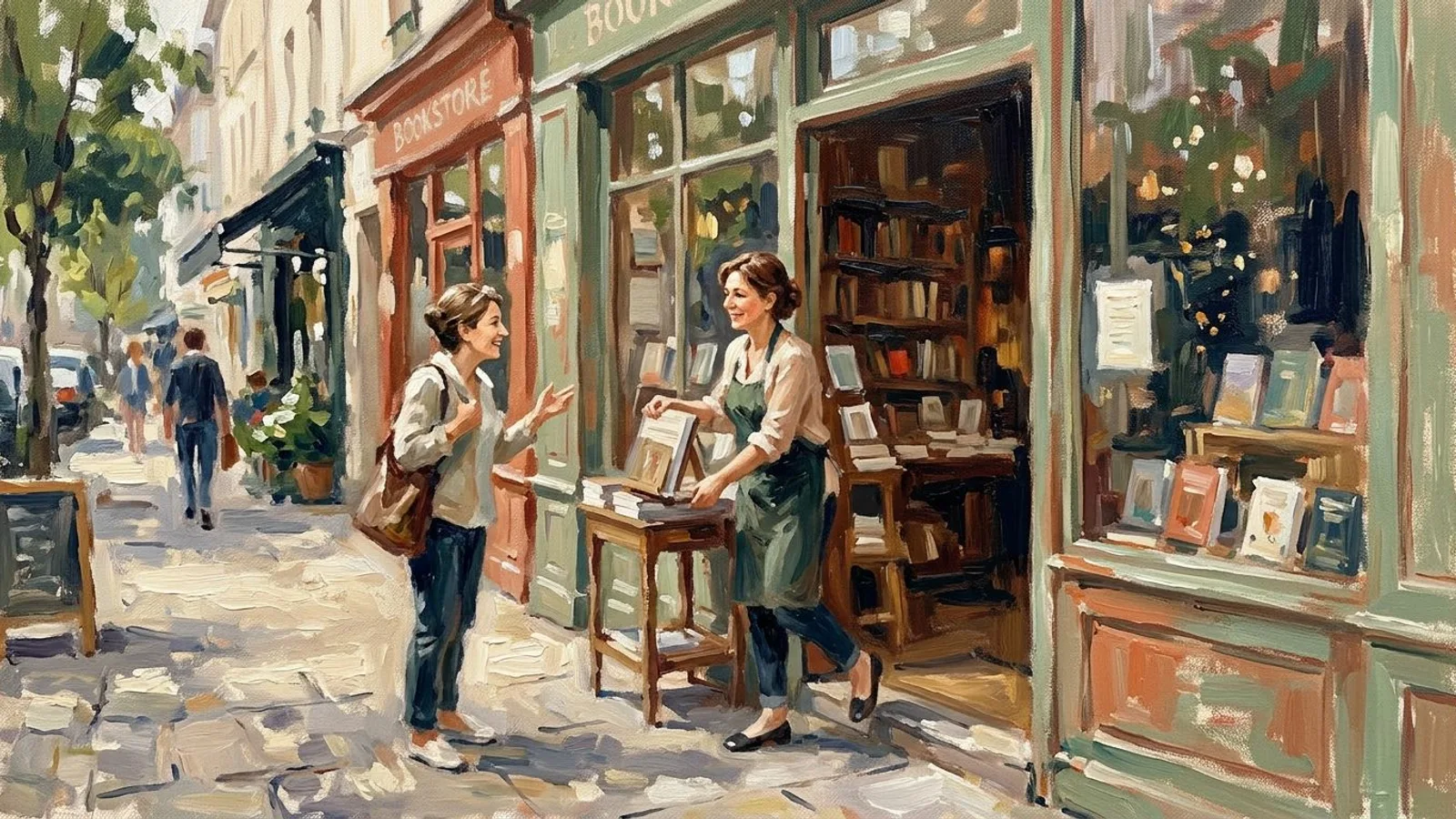 The same bookshop owner greeted by name by a customer outside her shop.