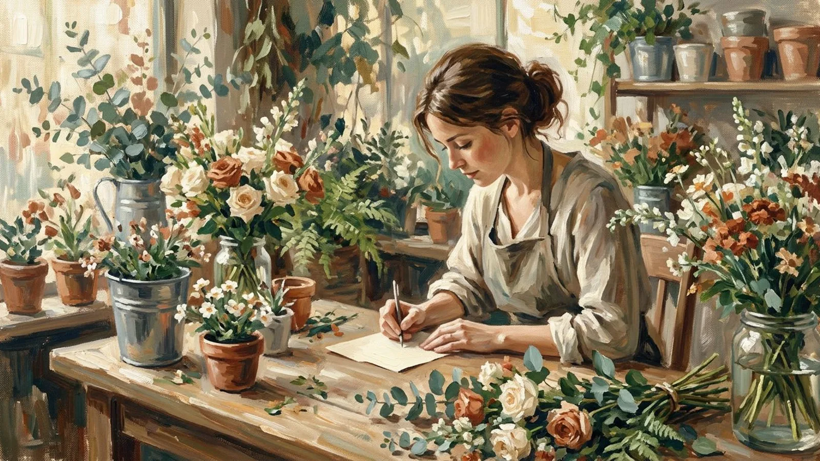 Eine Floristin schreibt von Hand eine Notiz in ihrer Werkstatt, umgeben von frischen Blumen.