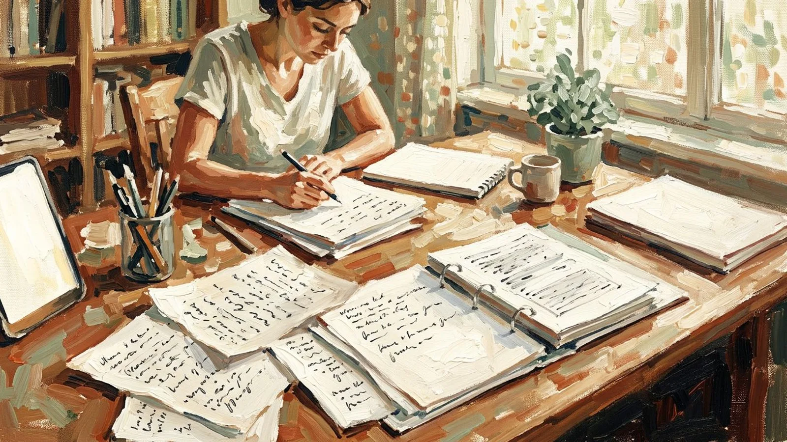 A copywriter surrounded by handwritten notes, carefully building a brief at a cluttered desk.