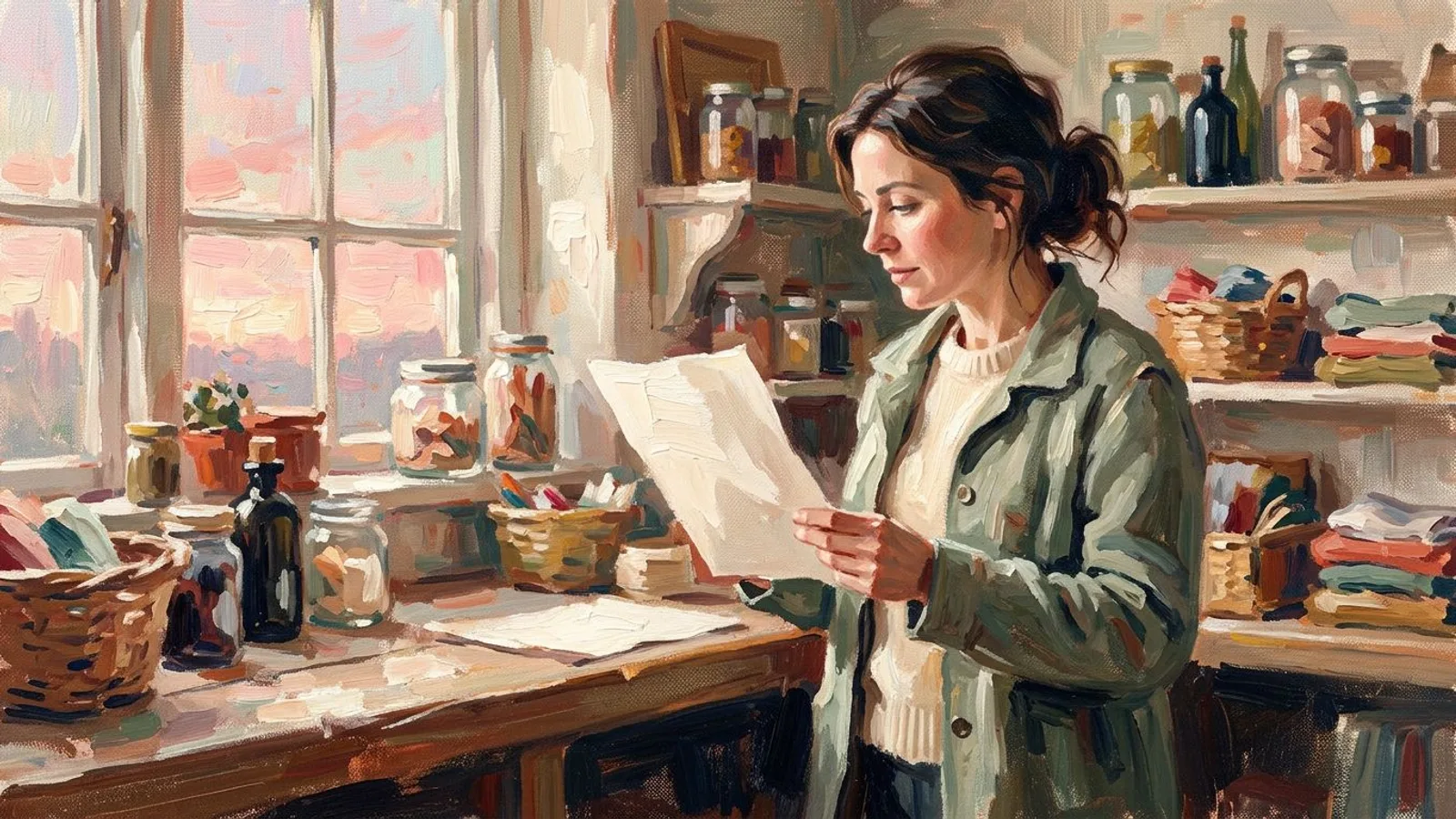 A small business owner reading a single page of notes calmly at sunrise before opening her shop.