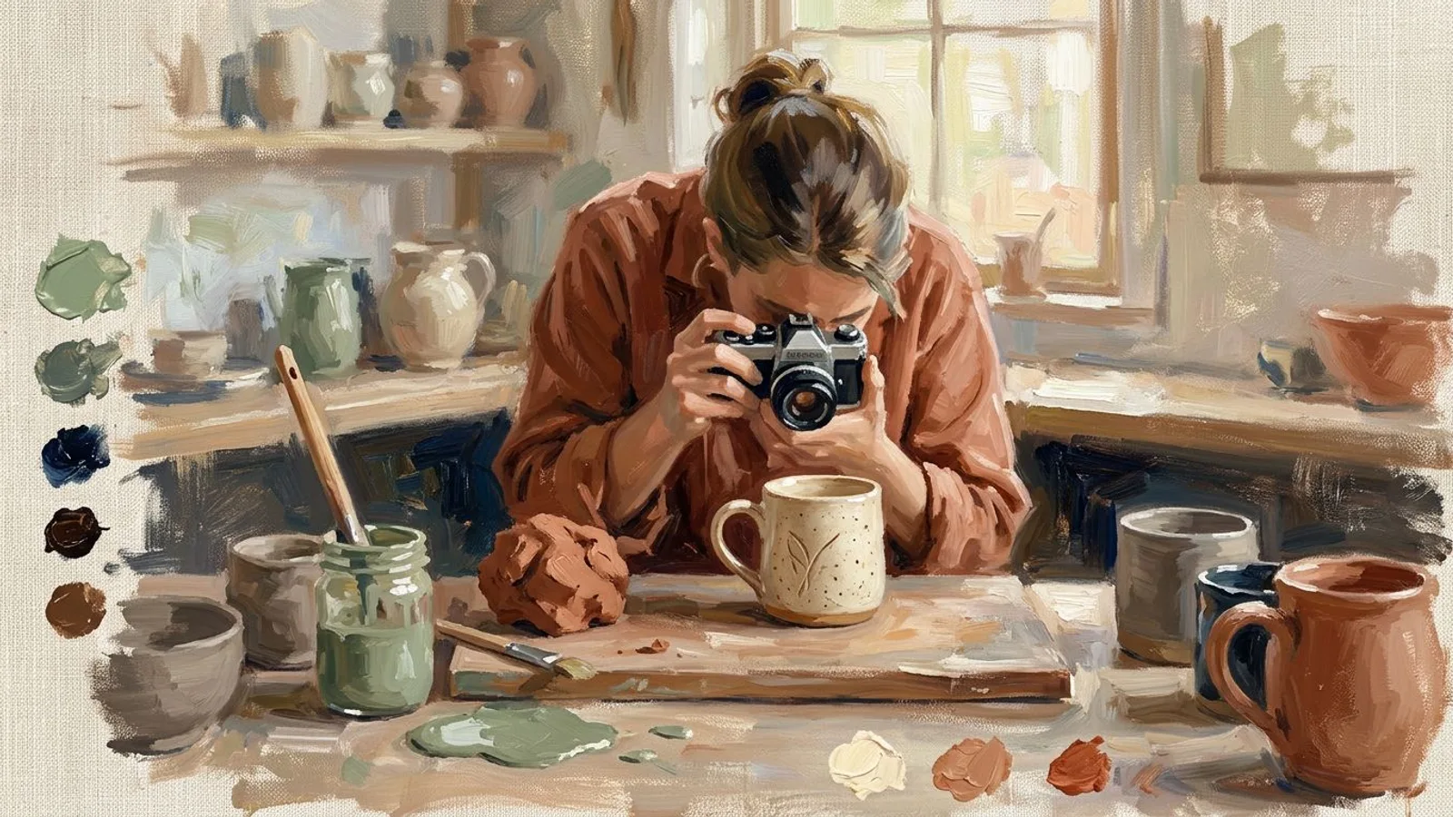Céramiste photographiant une tasse terminée près de l’argile et de ses outils dans la lumière naturelle