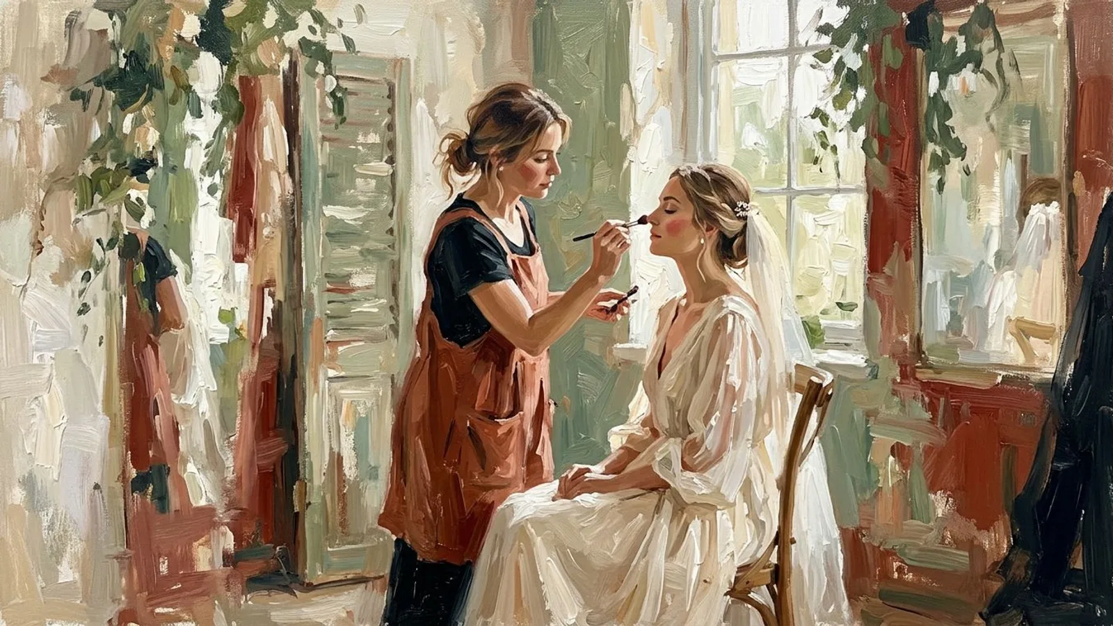 Une maquilleuse termine le maquillage d'une mariée en pleine lumière du matin.