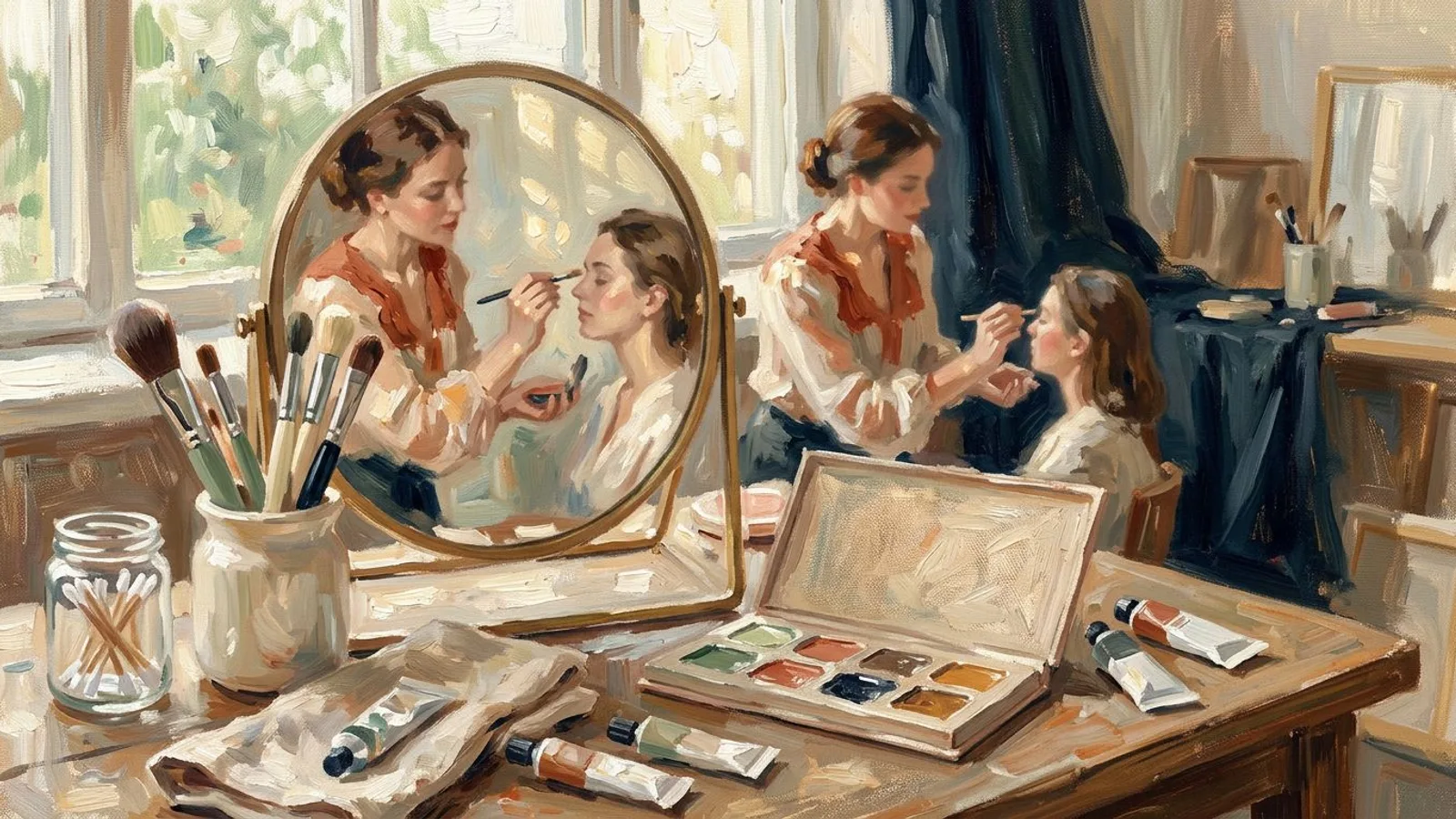 Pinceaux et palette de maquillage posés sur une coiffeuse avec miroir.
