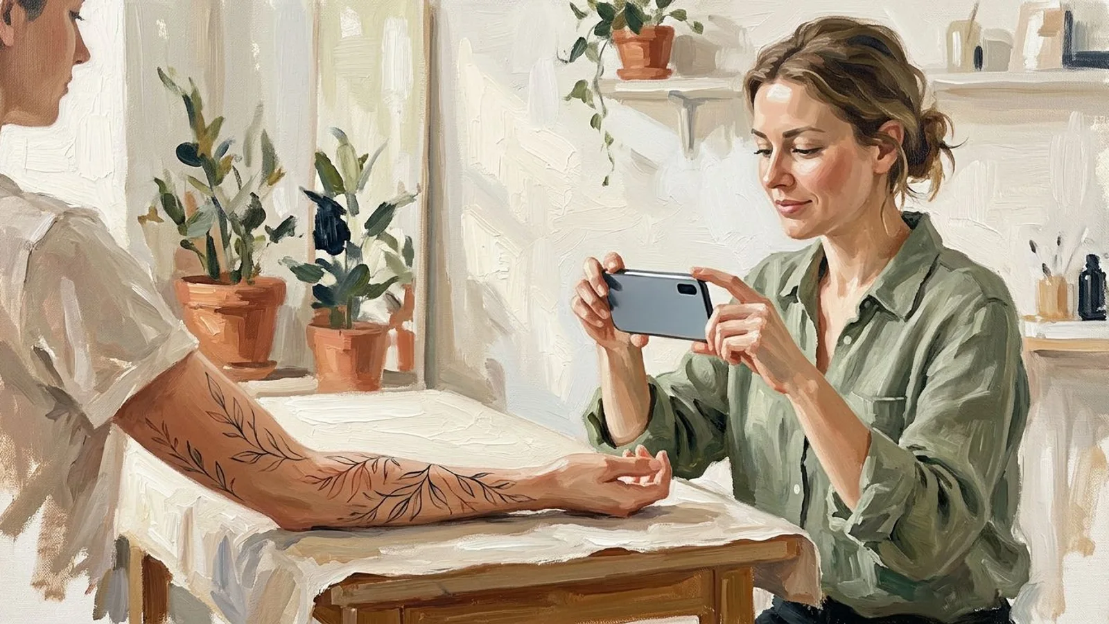 Un tatoueur photographie un tatouage fine line cicatrisé en pleine lumière naturelle.