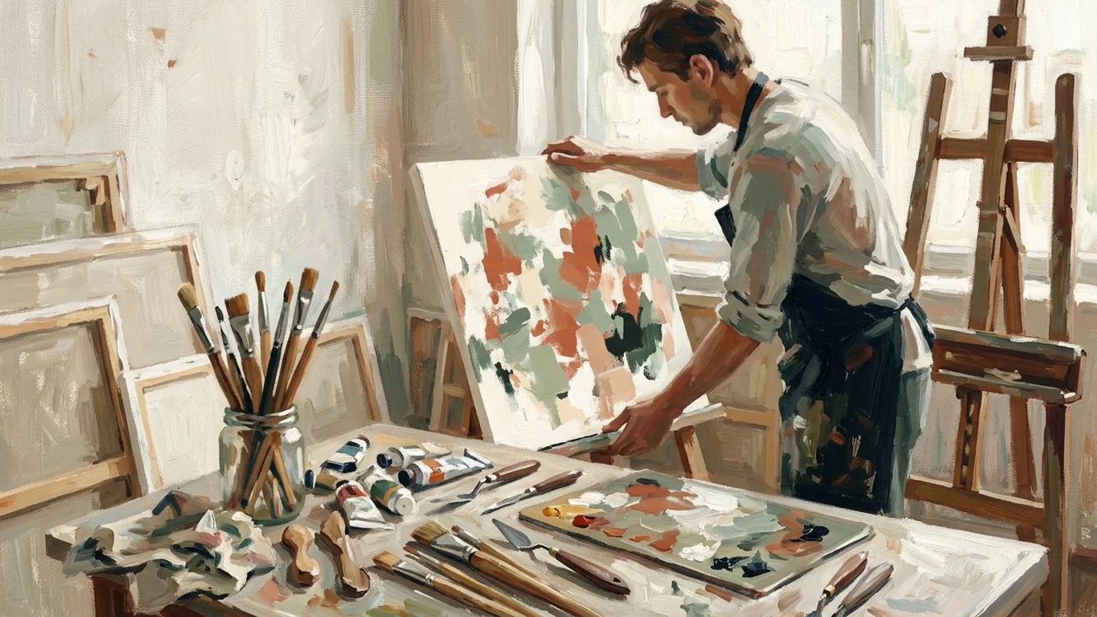 Artist placing a finished abstract canvas beside brushes, pigments and carved tools in a sunlit studio