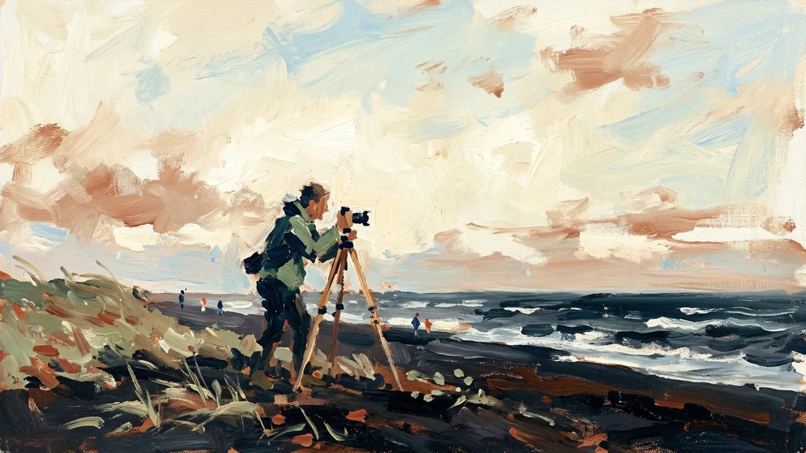 Independent outdoor photographer beside a tripod on a windswept black-sand coast at blue hour, framing a tiny distant subject beneath a broad sky.