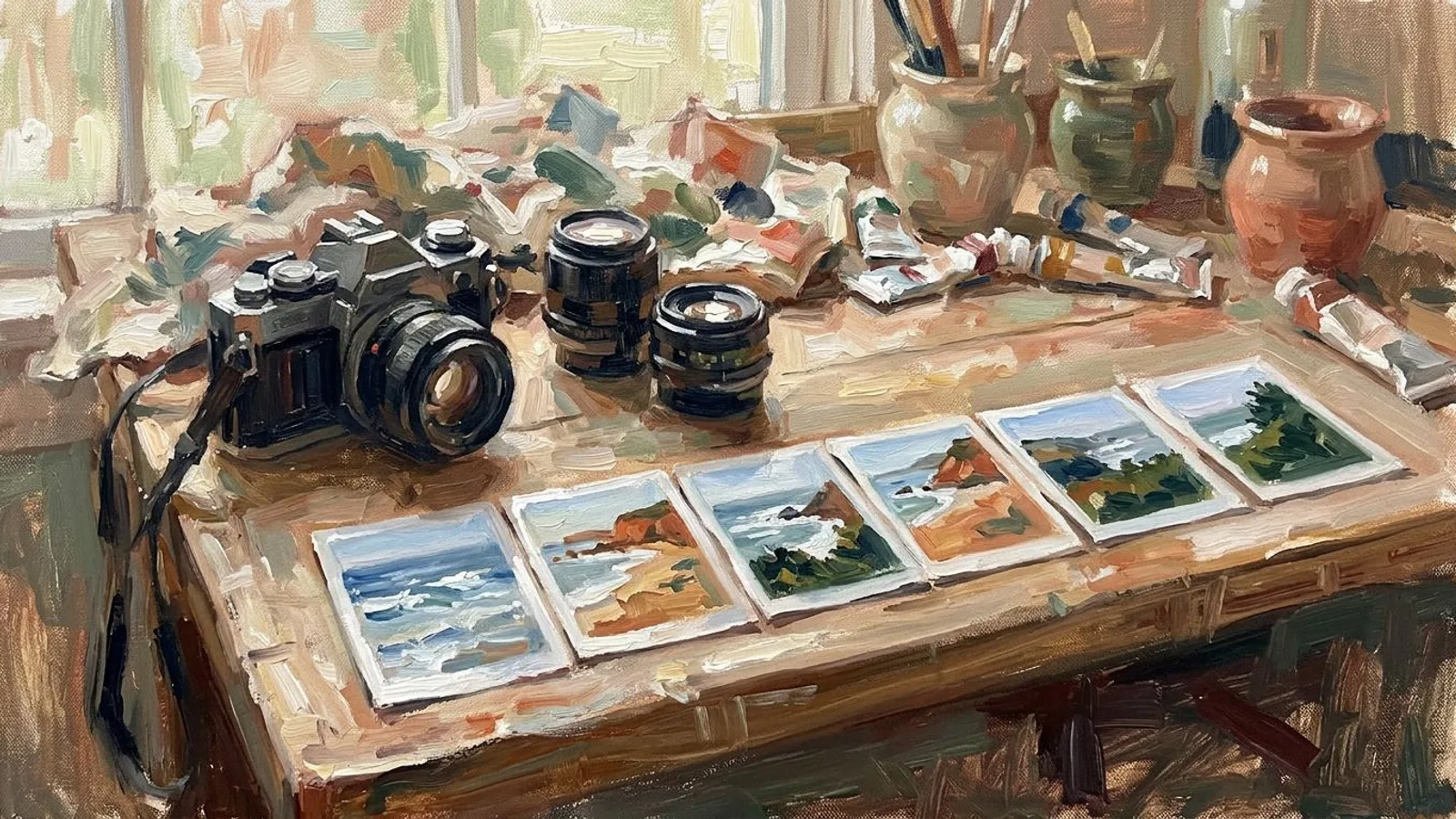 Plain studio worktable with a camera, lenses, and six glossy coastal photographs arranged in a coherent color sequence, all unmarked, with no screen.