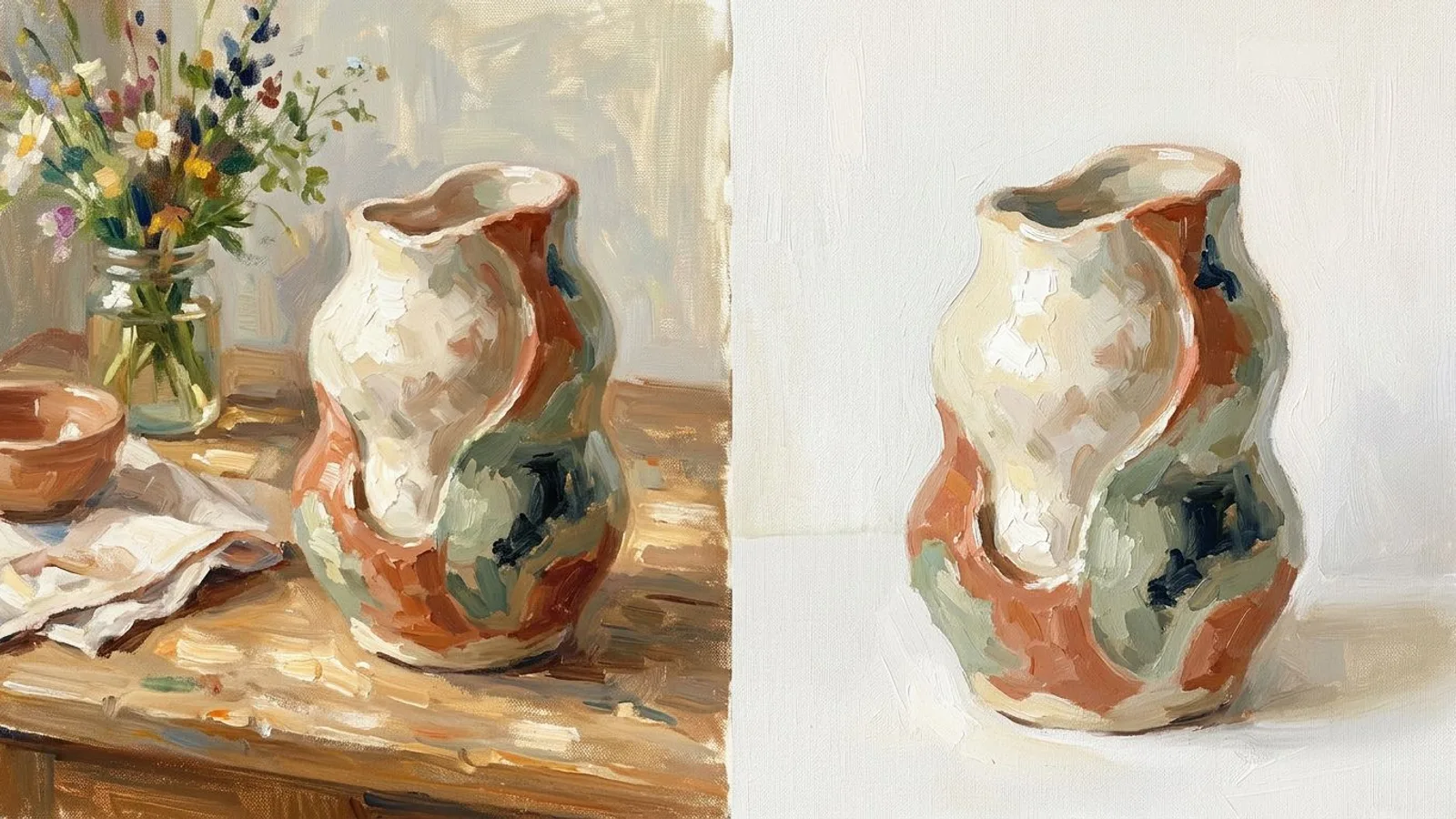 The same handmade object shown on a warm lifestyle table and on a plain white studio background side by side.