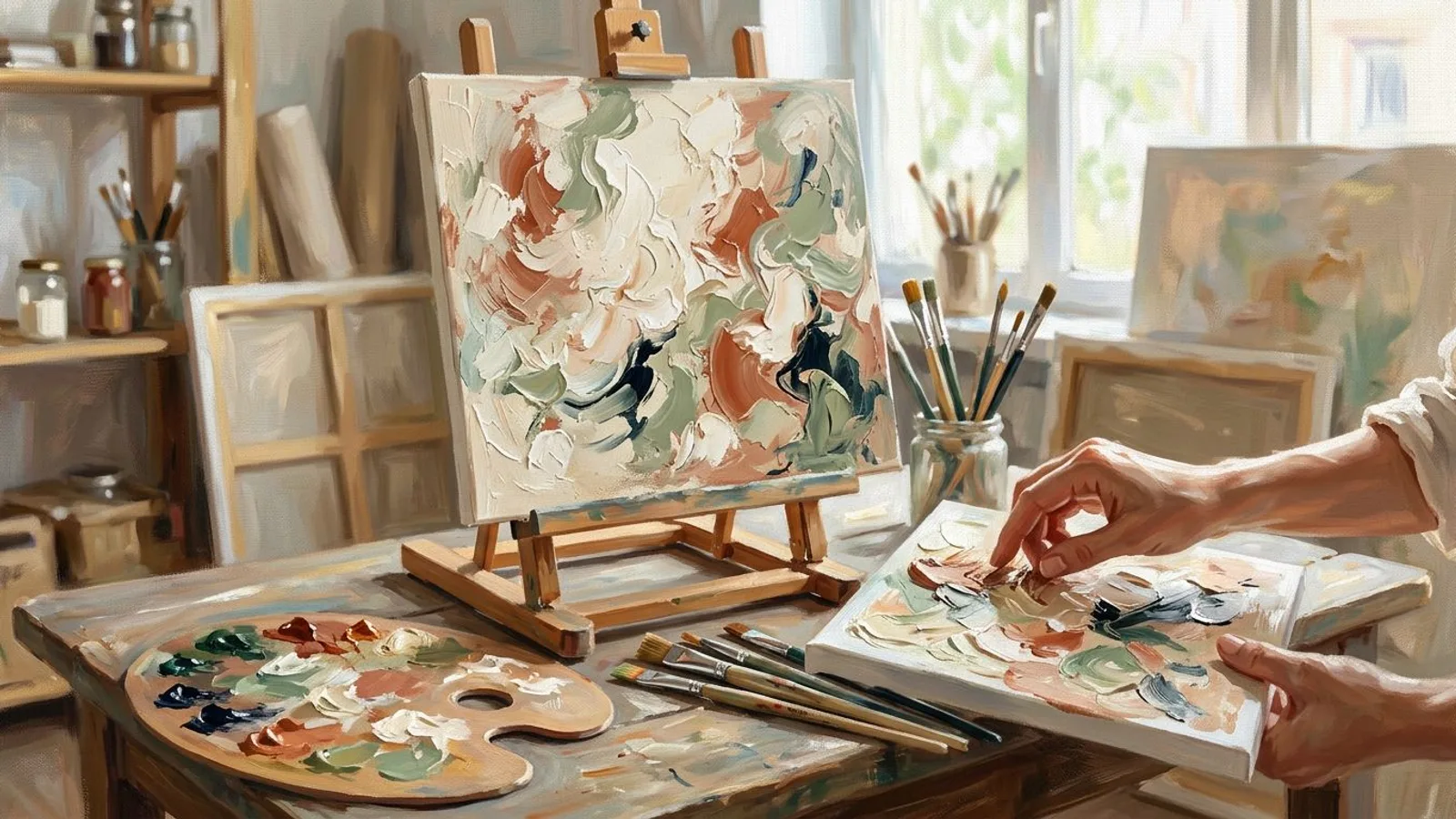 Artist examining the layered texture of an abstract canvas beside brushes and a paint palette