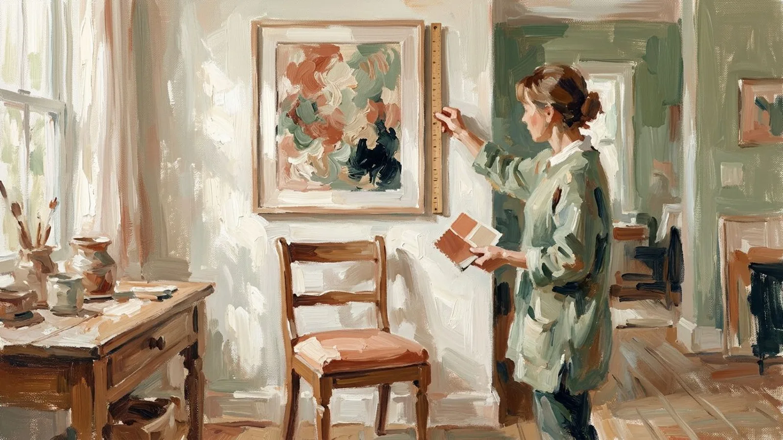 Artist checking the scale of a framed abstract artwork in a warm home interior