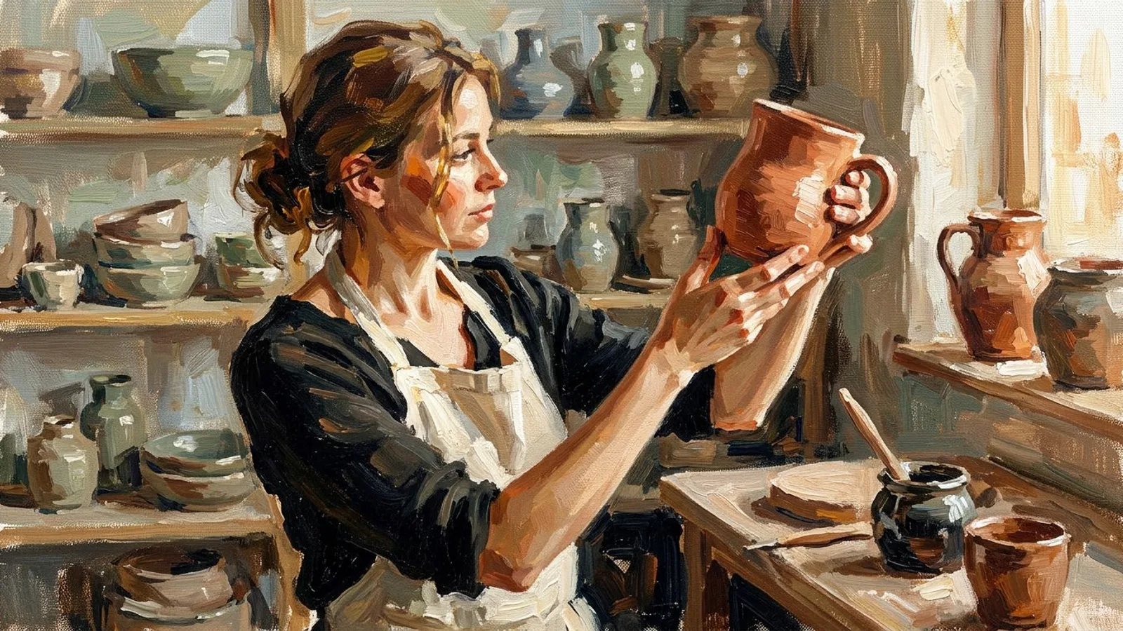 Ceramista examinando una taza terminada en un taller luminoso con estantes de cuencos y jarrones.