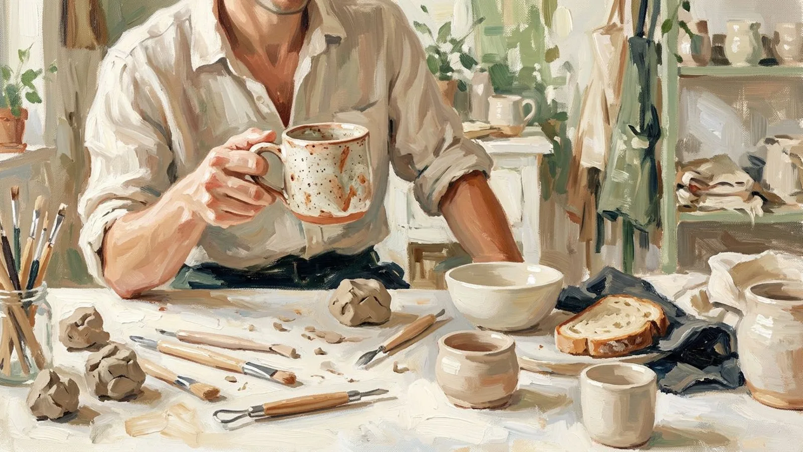 Eine Kunsthandwerkerin hält eine gesprenkelte Tasse zum Größenvergleich neben Ton, Glasurwerkzeug und Frühstücksgegenständen.