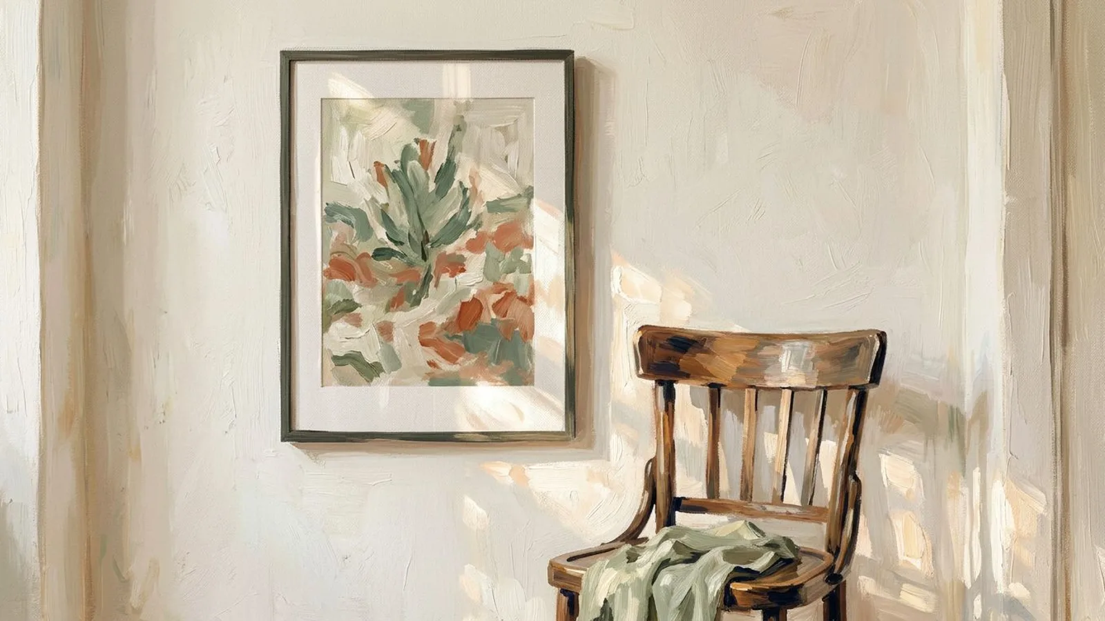 A framed art print on a pale wall above a wooden chair, morning light across the paper, the furniture showing its real size.